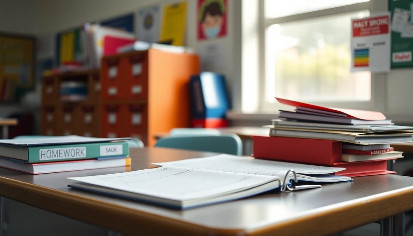 Organized student desk with color-coded folders, labeled binders, and a clearly visible homework checklist