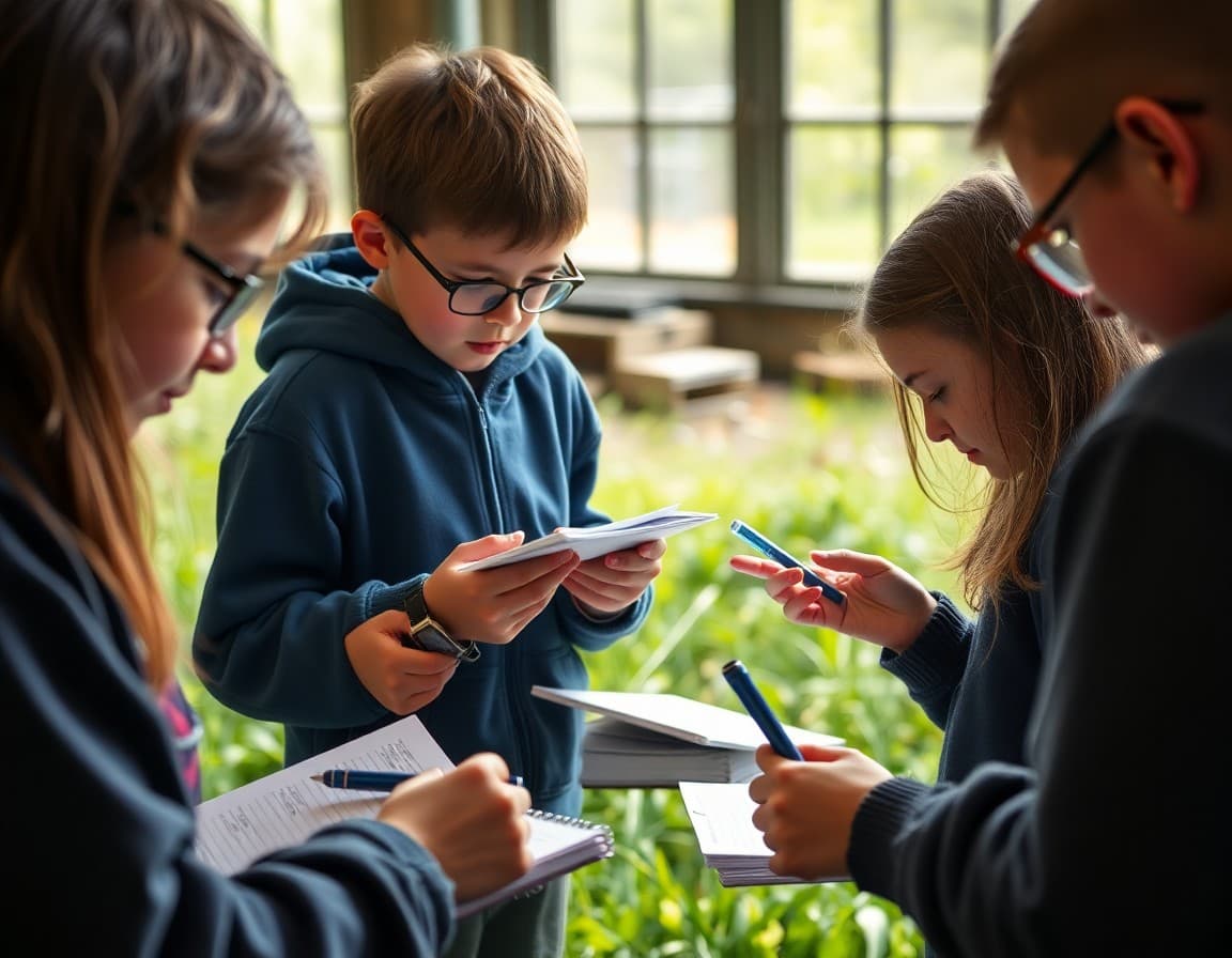 Students using field journals and magnifying glasses during an outdoor science lesson