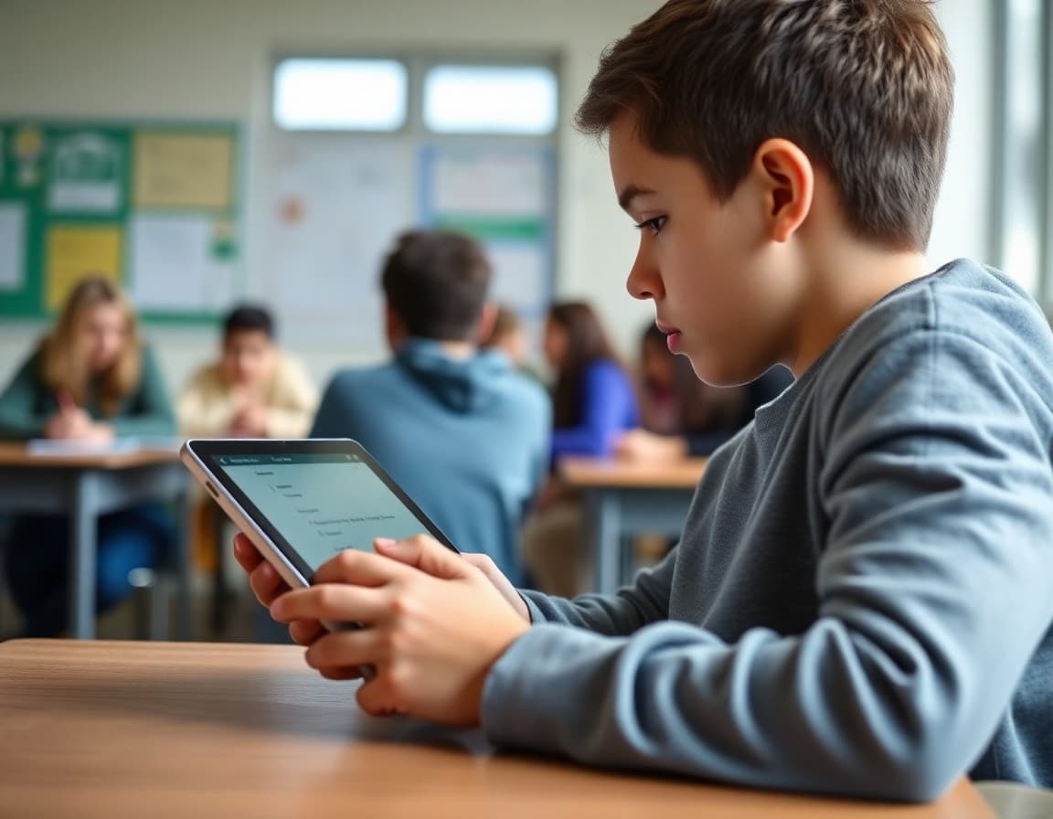 Student typing a response into a Padlet post on a tablet during a class activity