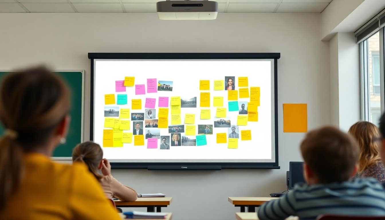 Colorful Padlet board on classroom projector with student post-it notes and images from a class discussion