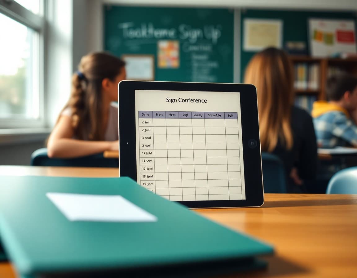 Conference sign-up schedule on a tablet next to a teacher's desk with student folders