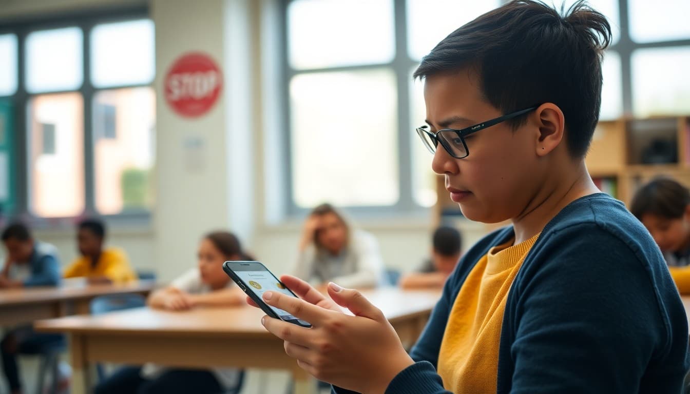 Parent looking at a short, visual school communication on a phone with clear icons and simple text