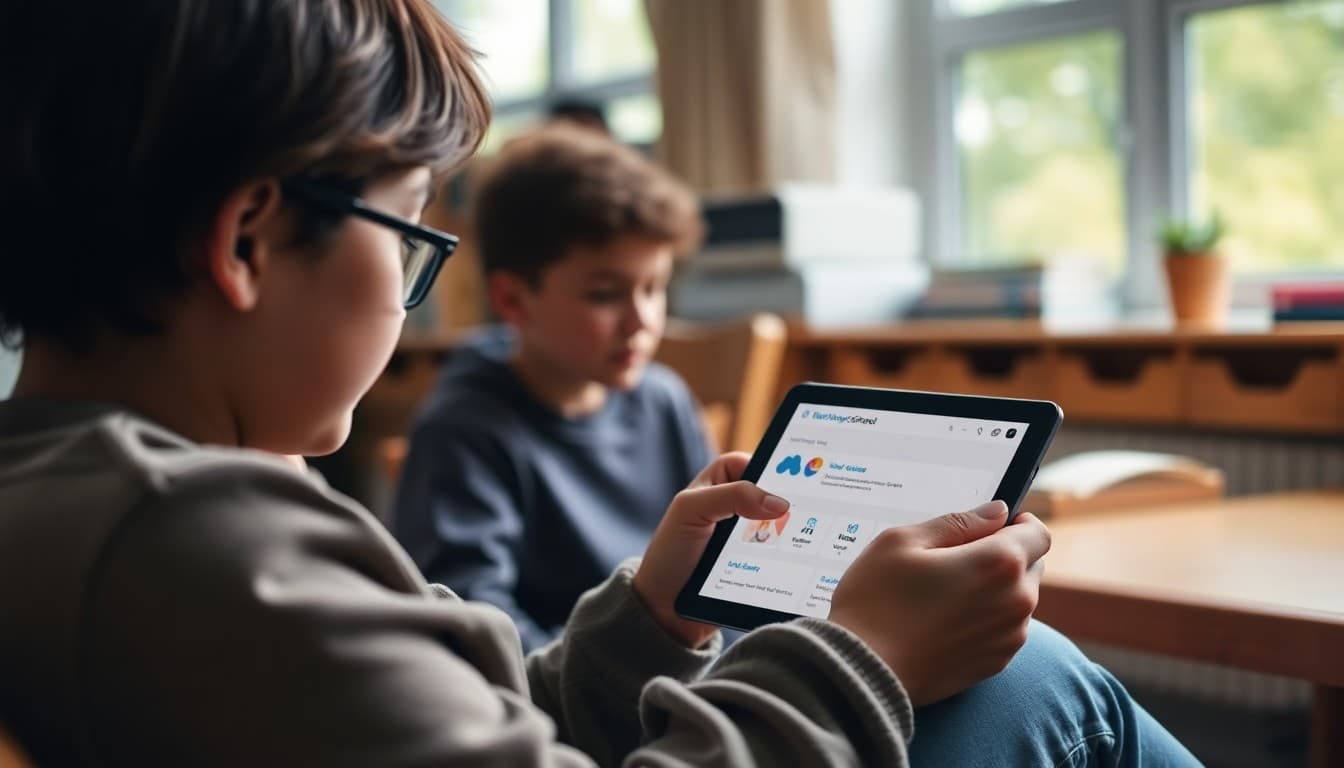 Parent checking school notifications on ParentSquare app on a tablet at home