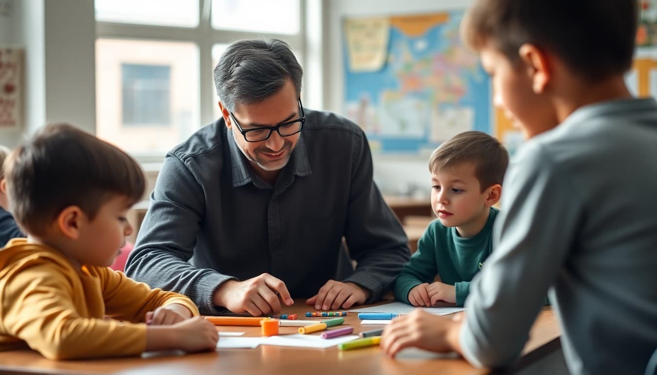 Parent volunteer helping students at a classroom table during a project
