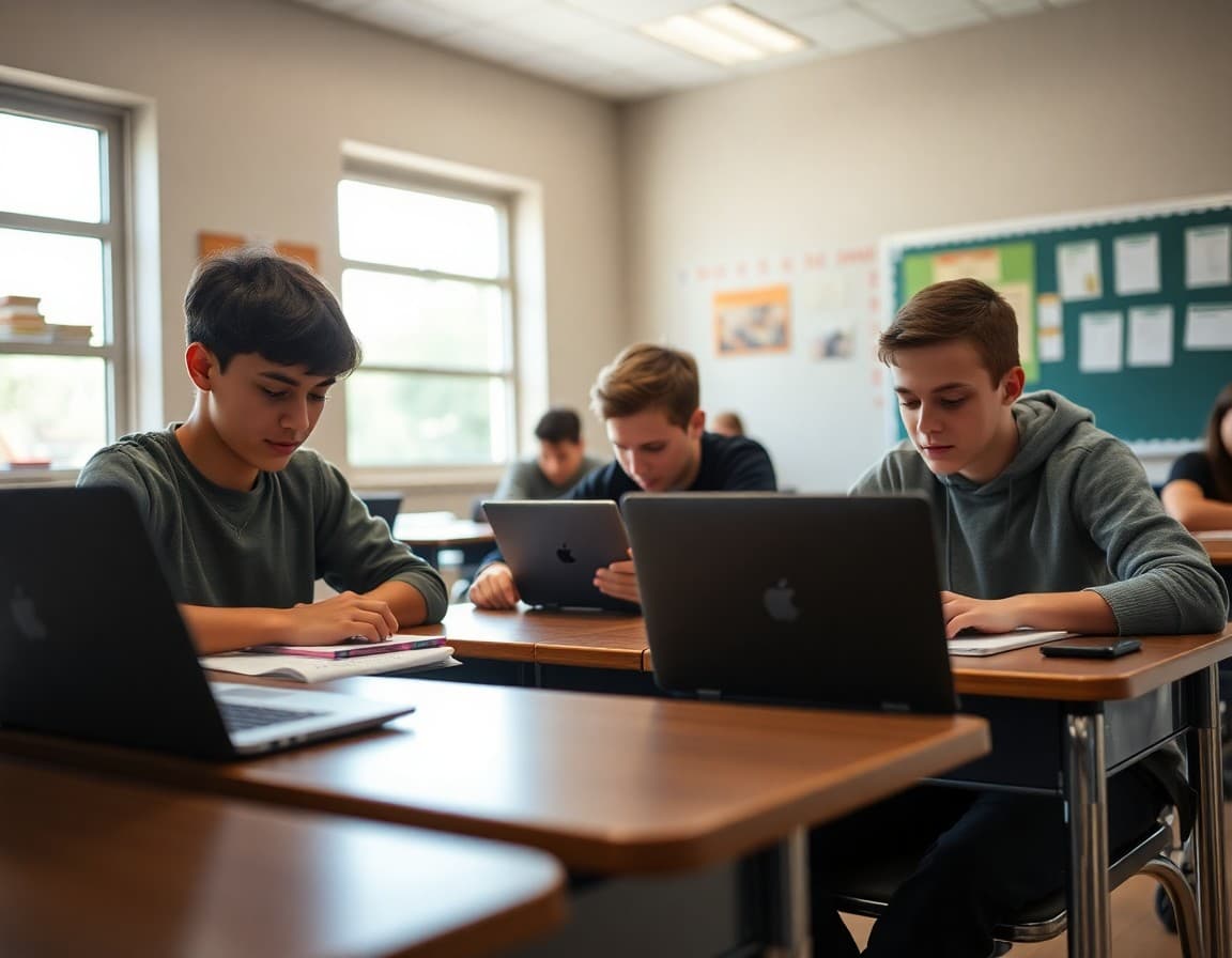 Students working independently on their passion project research at desks with laptops