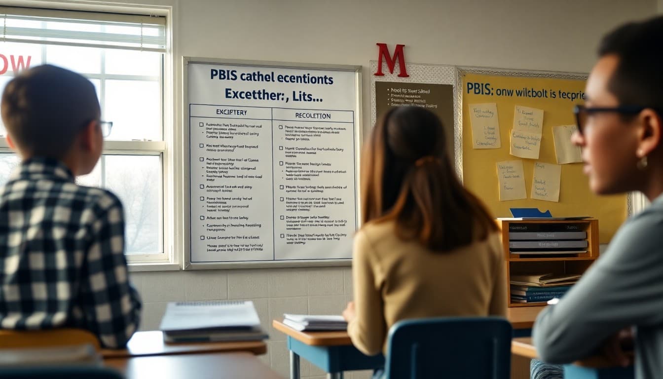 PBIS school expectations poster in classroom with teacher newsletter displayed on desk