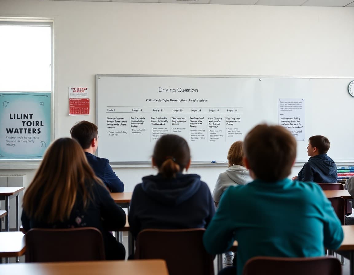 PBL project timeline and driving question posted on classroom wall