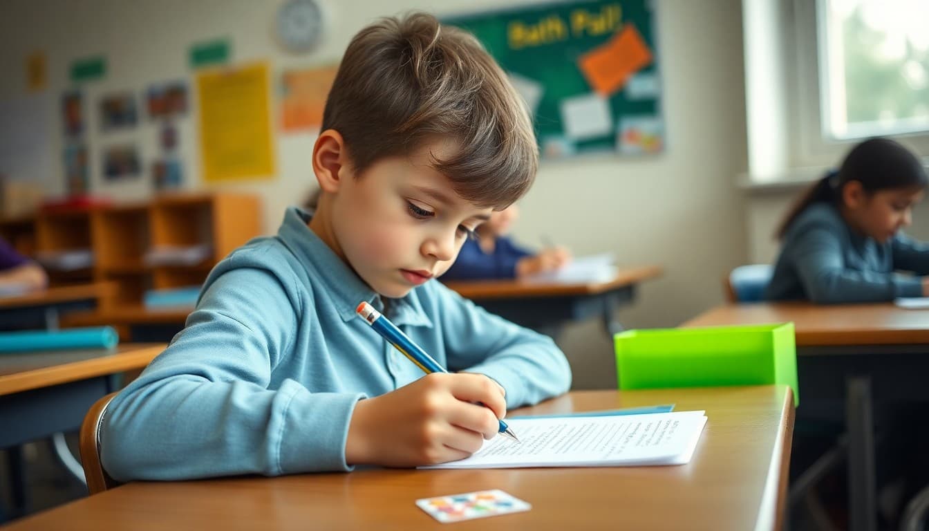 Student writing a pen pal letter at a classroom desk with colorful stationery and stamps