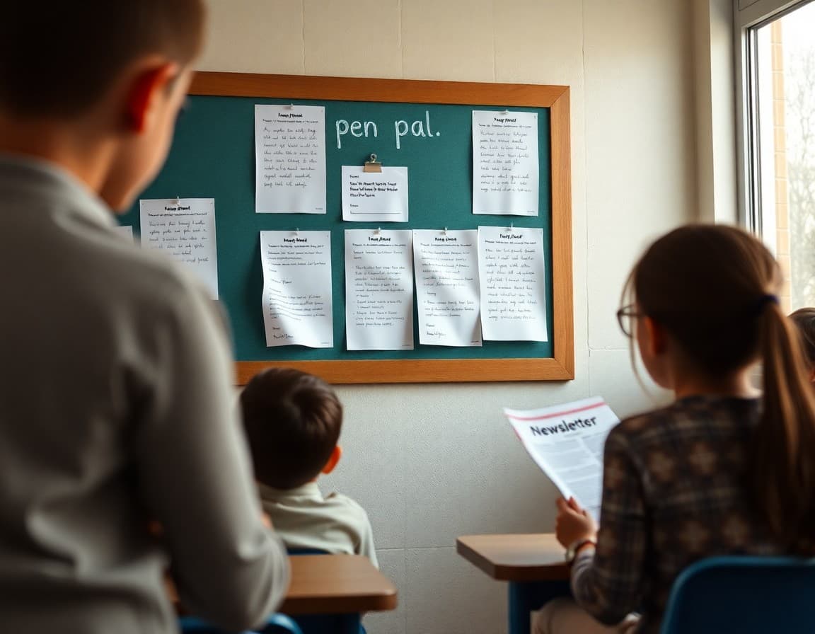 Classroom pen pal letters displayed on a bulletin board with newsletter printout nearby