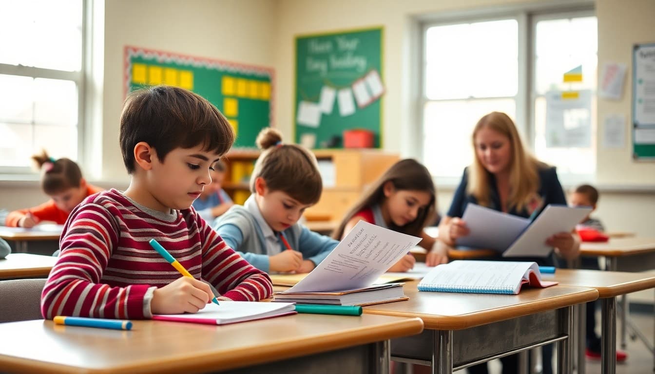 Students writing pen pal letters at their desks while a teacher reviews the setup details in her newsletter