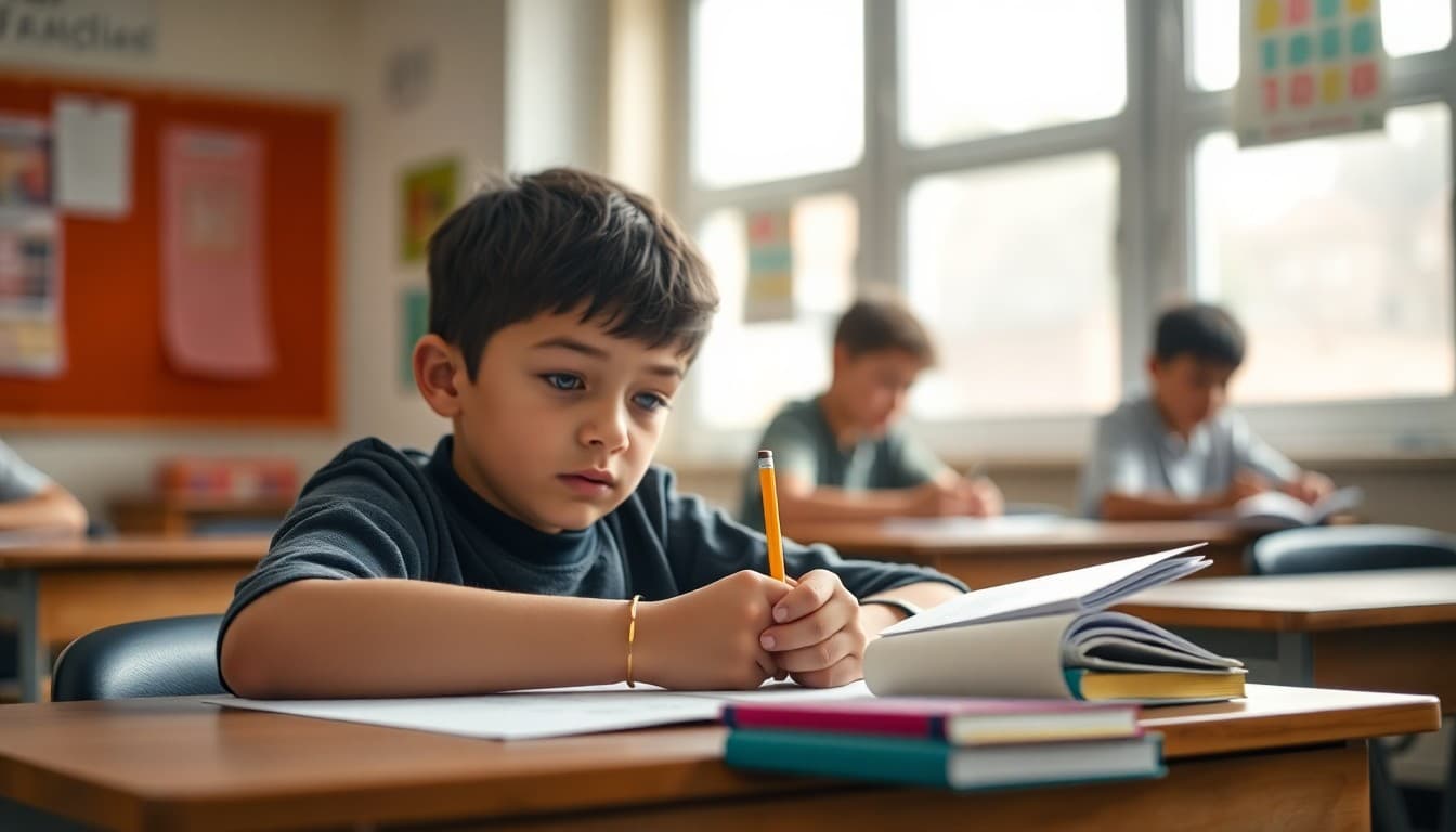 Student working through a challenging math problem at a desk, pencil in hand, focused expression