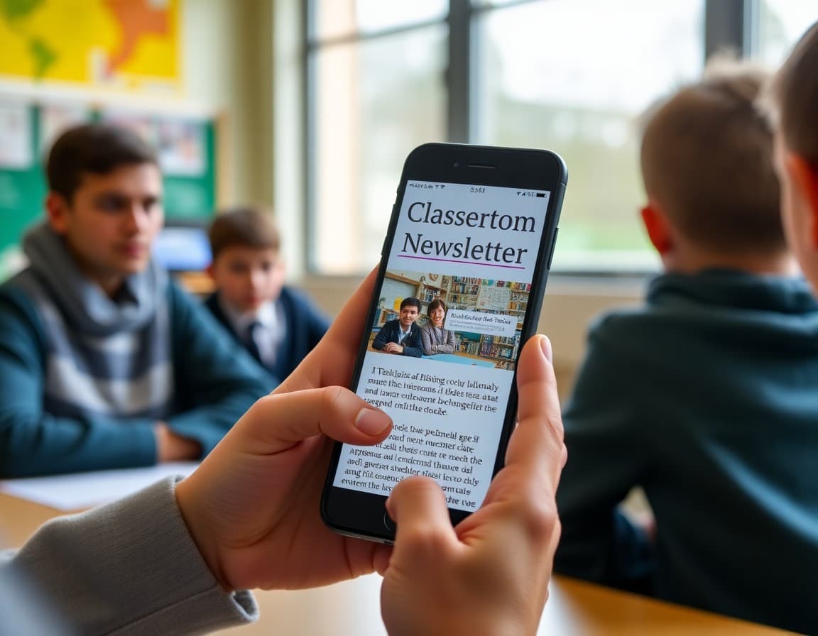 Classroom newsletter on a phone showing a student project photo with descriptive caption