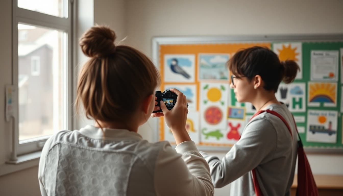 Teacher photographing student artwork displayed on a classroom bulletin board for newsletter