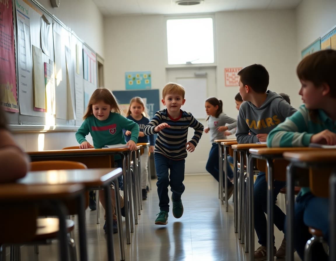 Students playing a quick movement game in the classroom aisle between desks