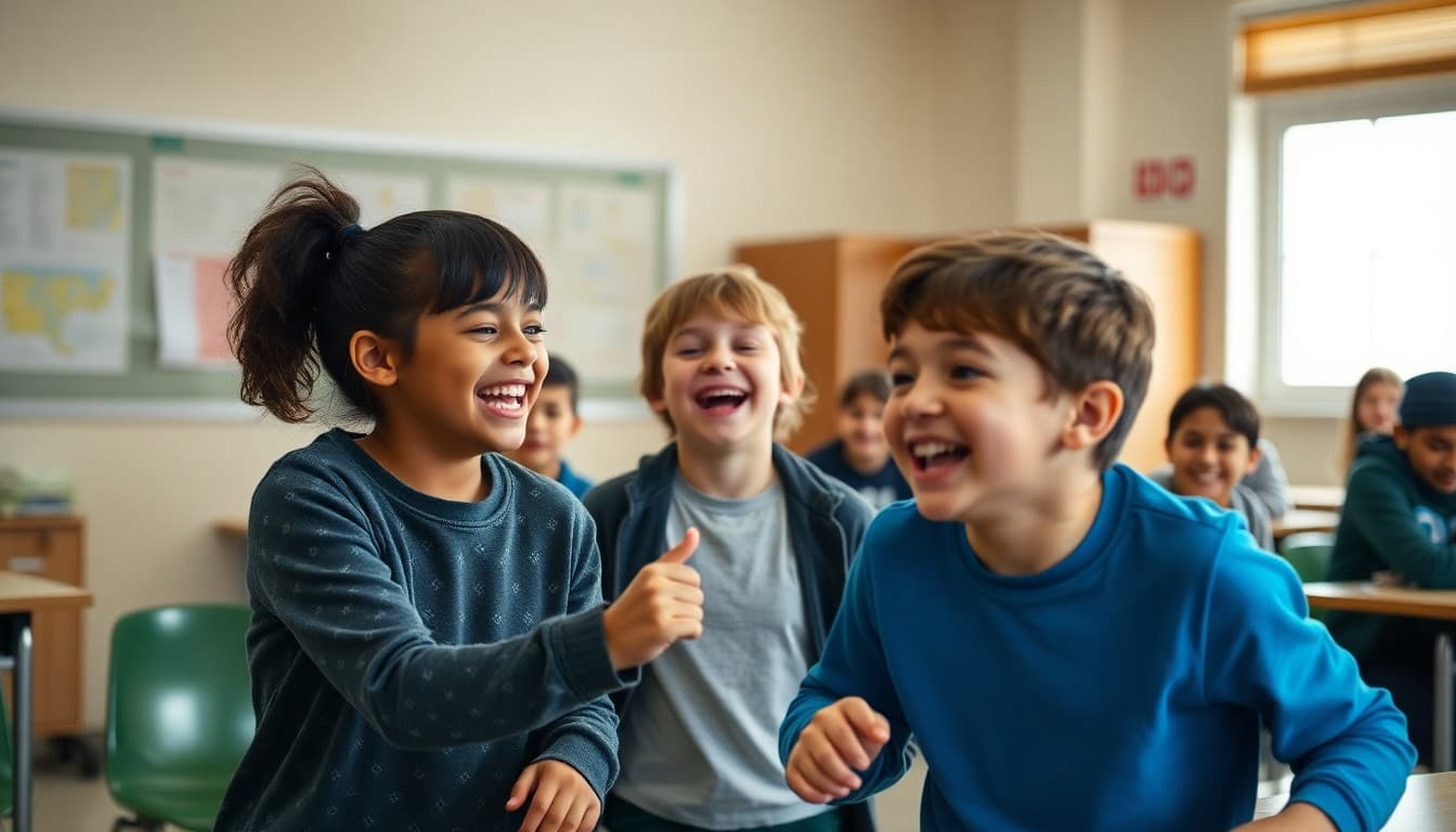 Students laughing and moving through an active classroom warm-up exercise between lessons