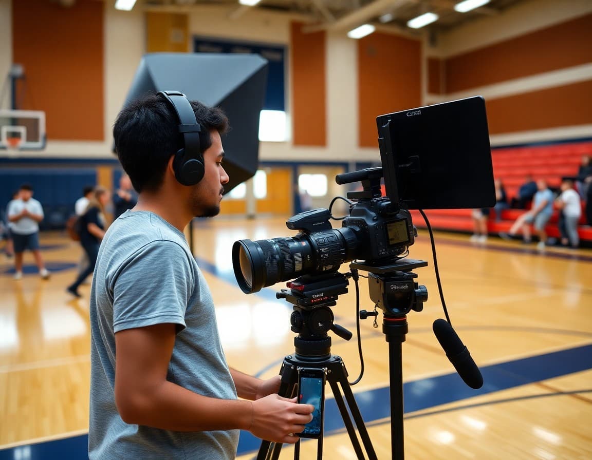 School photographer setting up equipment in a gymnasium for picture day portraits