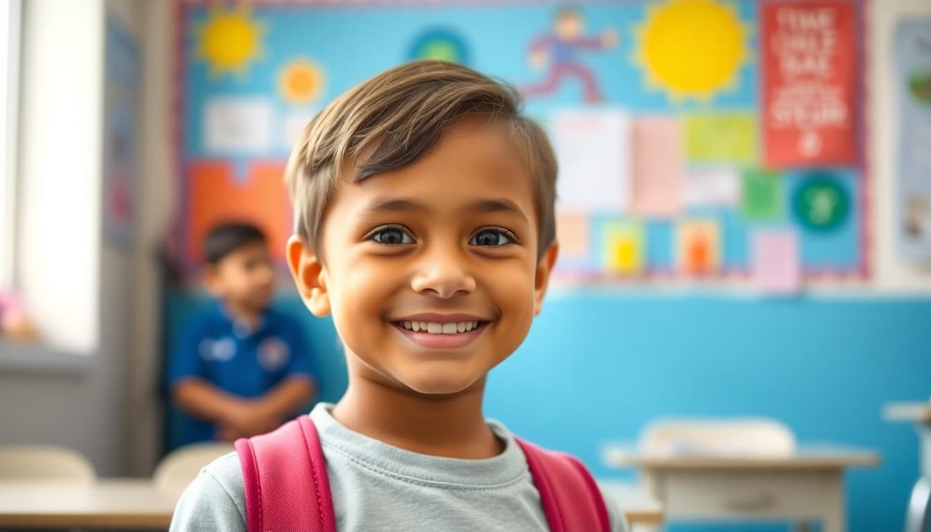 Elementary student smiling in front of a colorful backdrop during school picture day