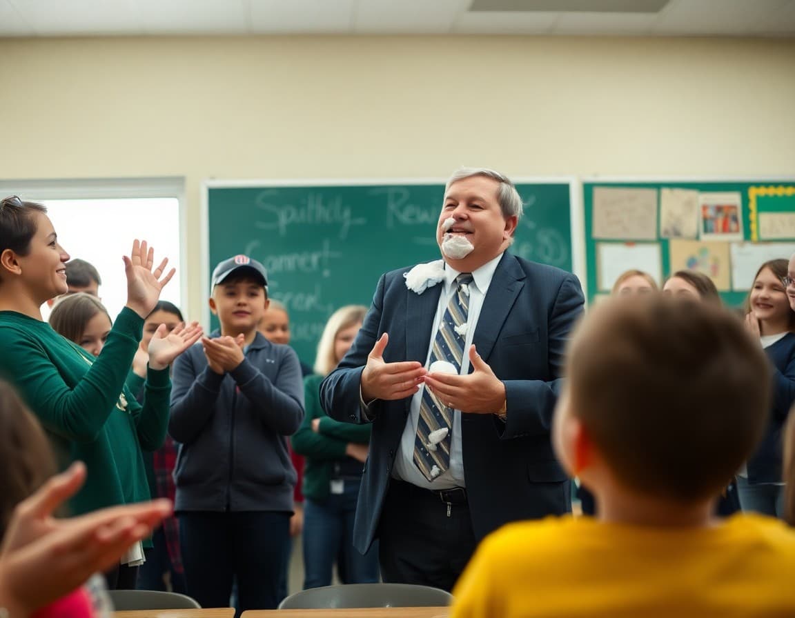 Students cheering as a principal gets a pie in the face at school