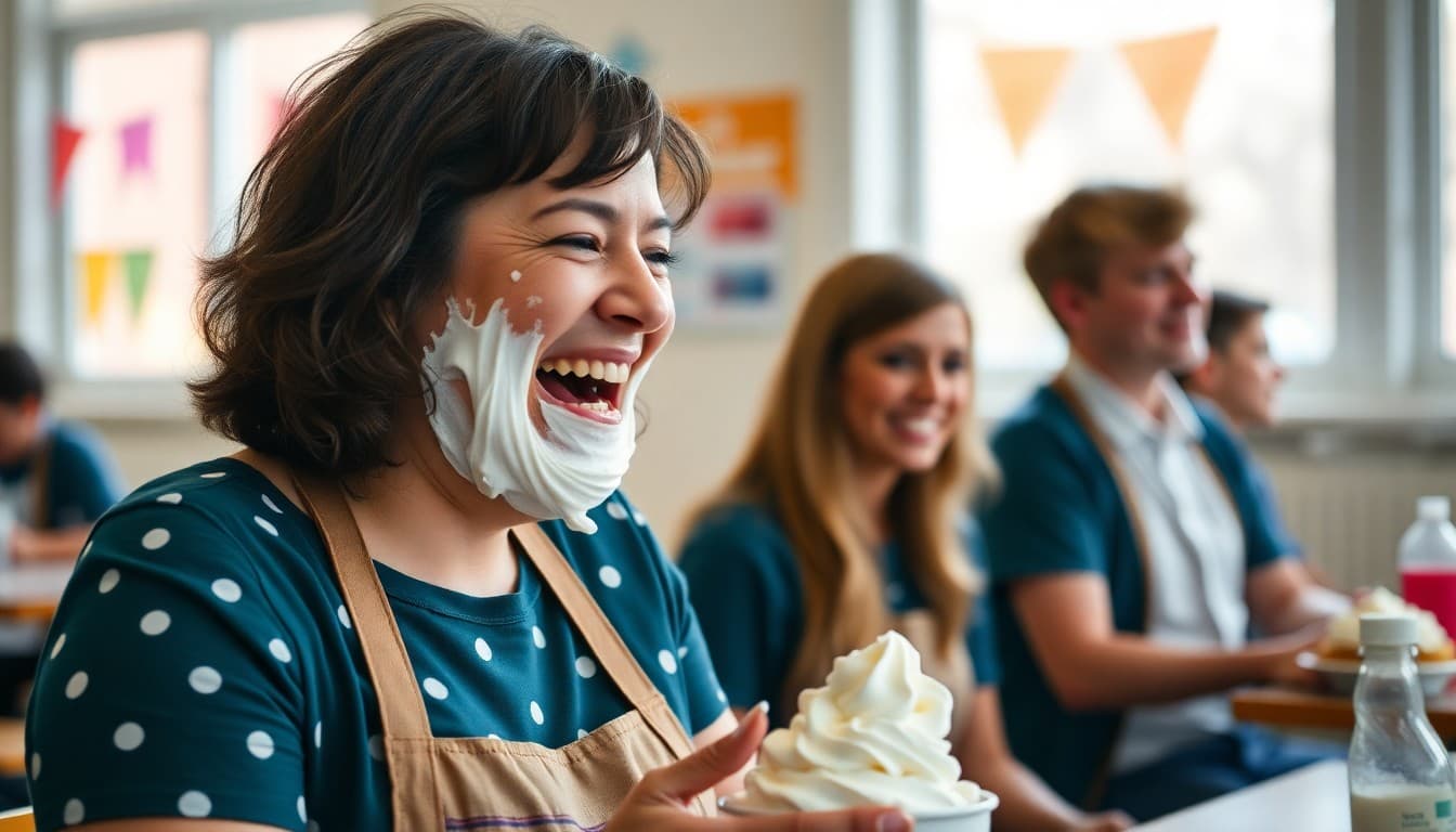 Teacher laughing with whipped cream on their face at a school fundraiser event