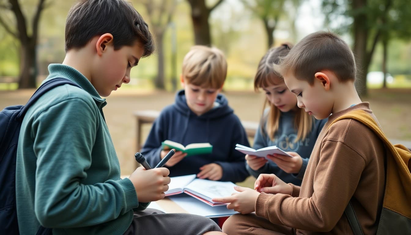 Students sketching and recording observations in notebooks at a local park during a place-based lesson