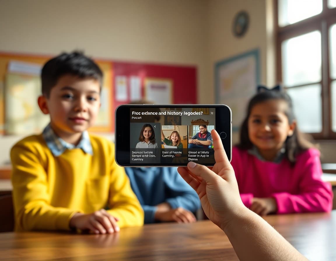 Educational podcast app showing science and history episodes for kids