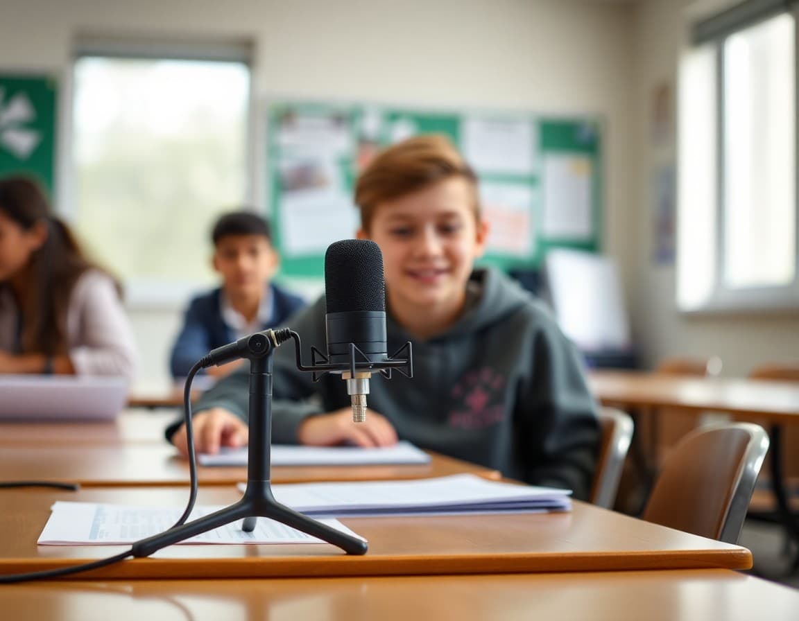 Student podcast script and microphone setup on a classroom table