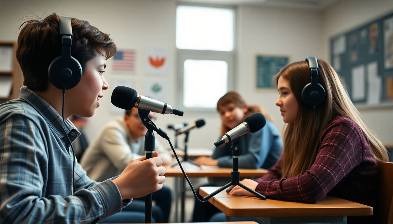 Students recording a podcast with microphones in a school classroom setting