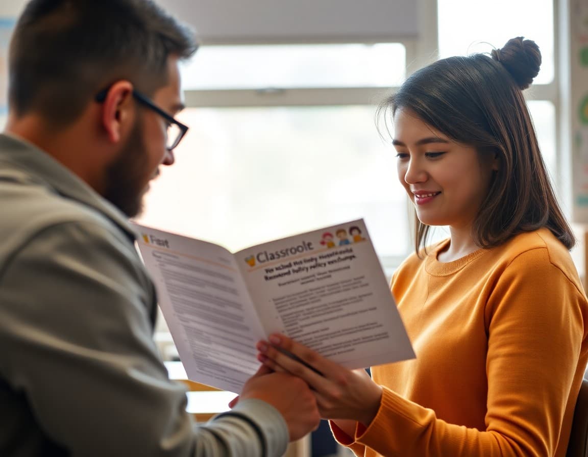 Parent reading a classroom newsletter that explains a new school policy change clearly