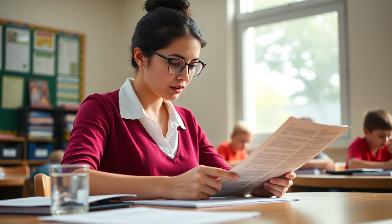 Teacher reviewing a new school policy and drafting a newsletter update for families