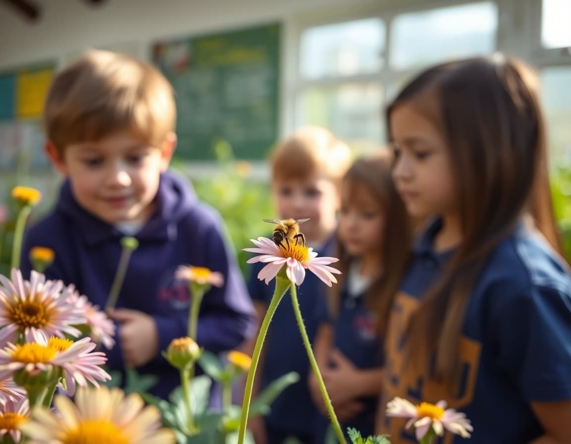Bee visiting a flower in a school pollinator garden while students observe