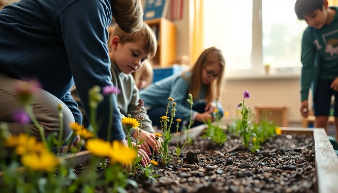 Students planting native wildflowers in a school pollinator garden bed