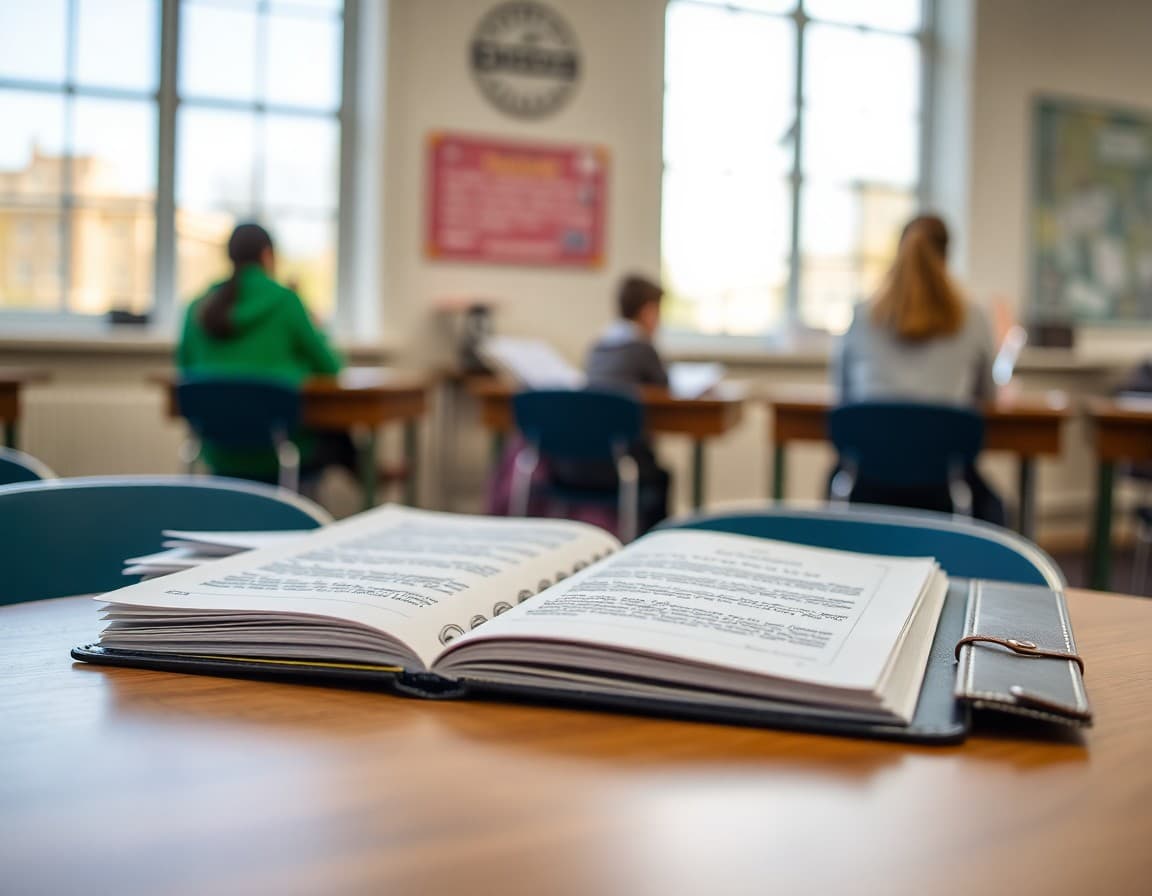 Open student portfolio on a table with a reflection letter on top and writing samples behind it