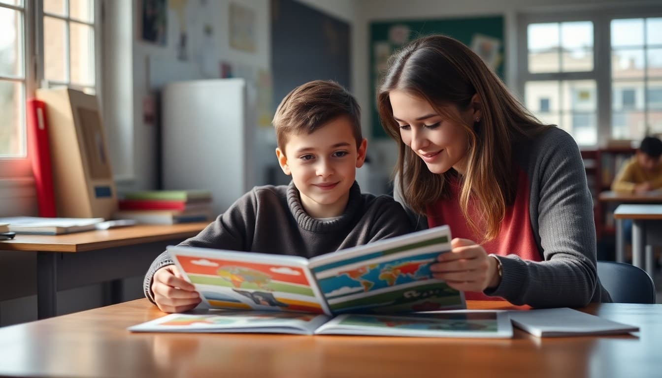 Student sitting with parent at a table showing their portfolio with a look of pride