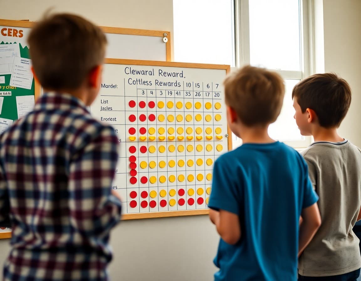 Classroom reward chart with student names and sticker progress toward a class goal