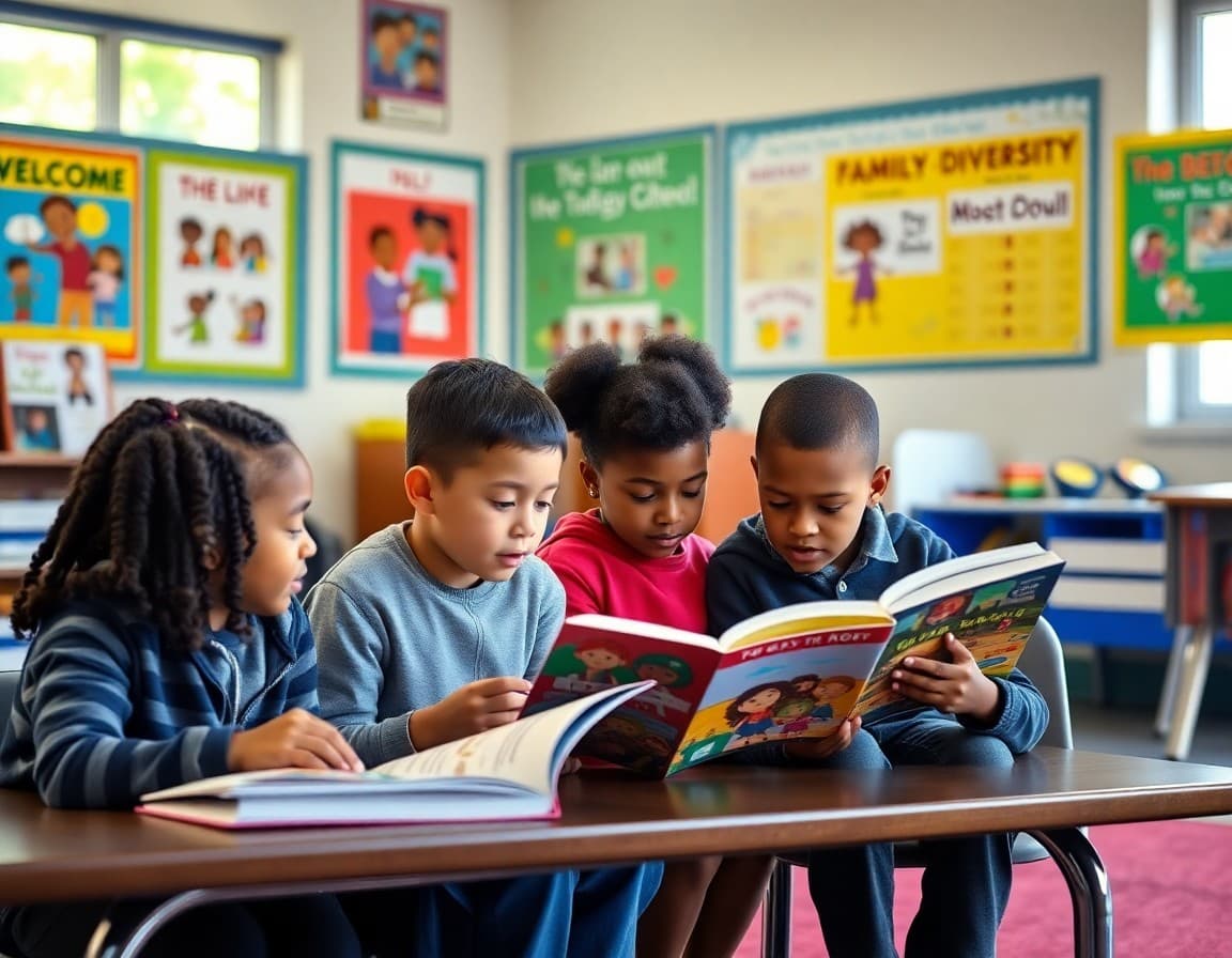 Students reading together in a welcoming classroom with inclusive posters and family-diversity displays