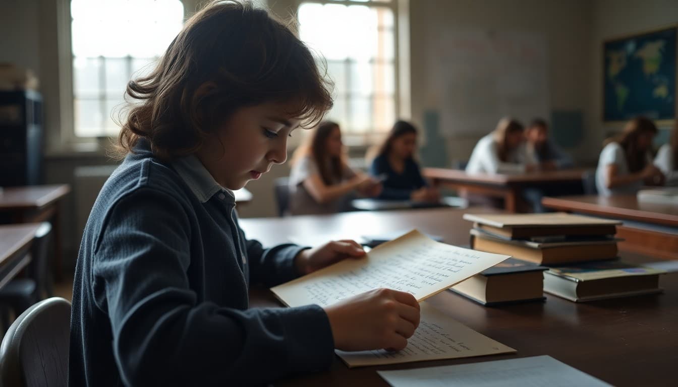 Student examining a historical photograph and handwritten letter at a research table