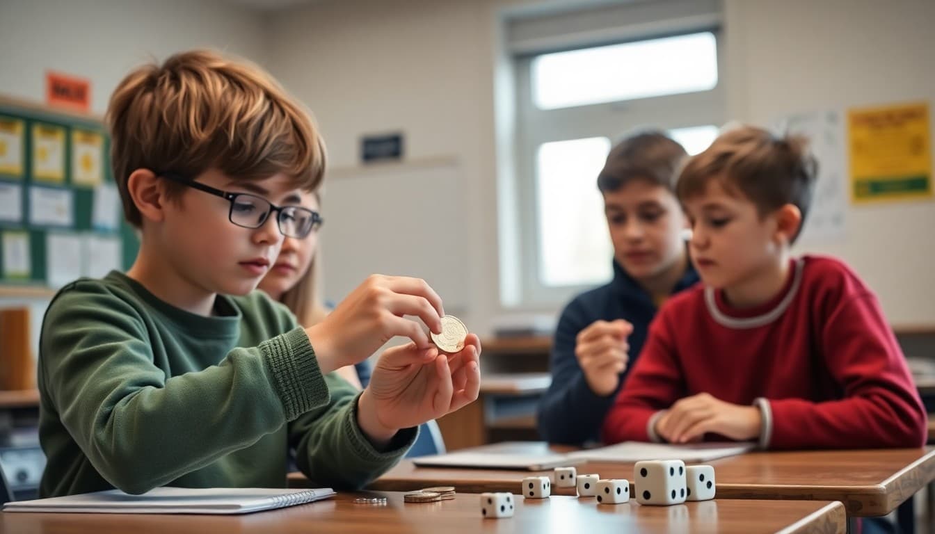 Students flipping coins and rolling dice to collect probability data in a math class