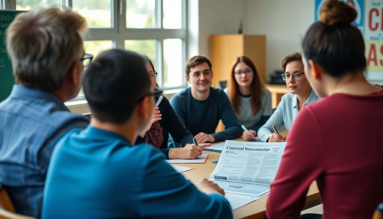 Teachers attending a professional development session with classroom newsletter visible on a table