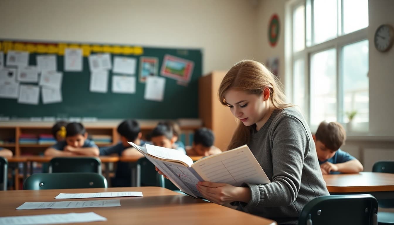 Teacher reviewing student reading progress chart at a classroom data meeting table