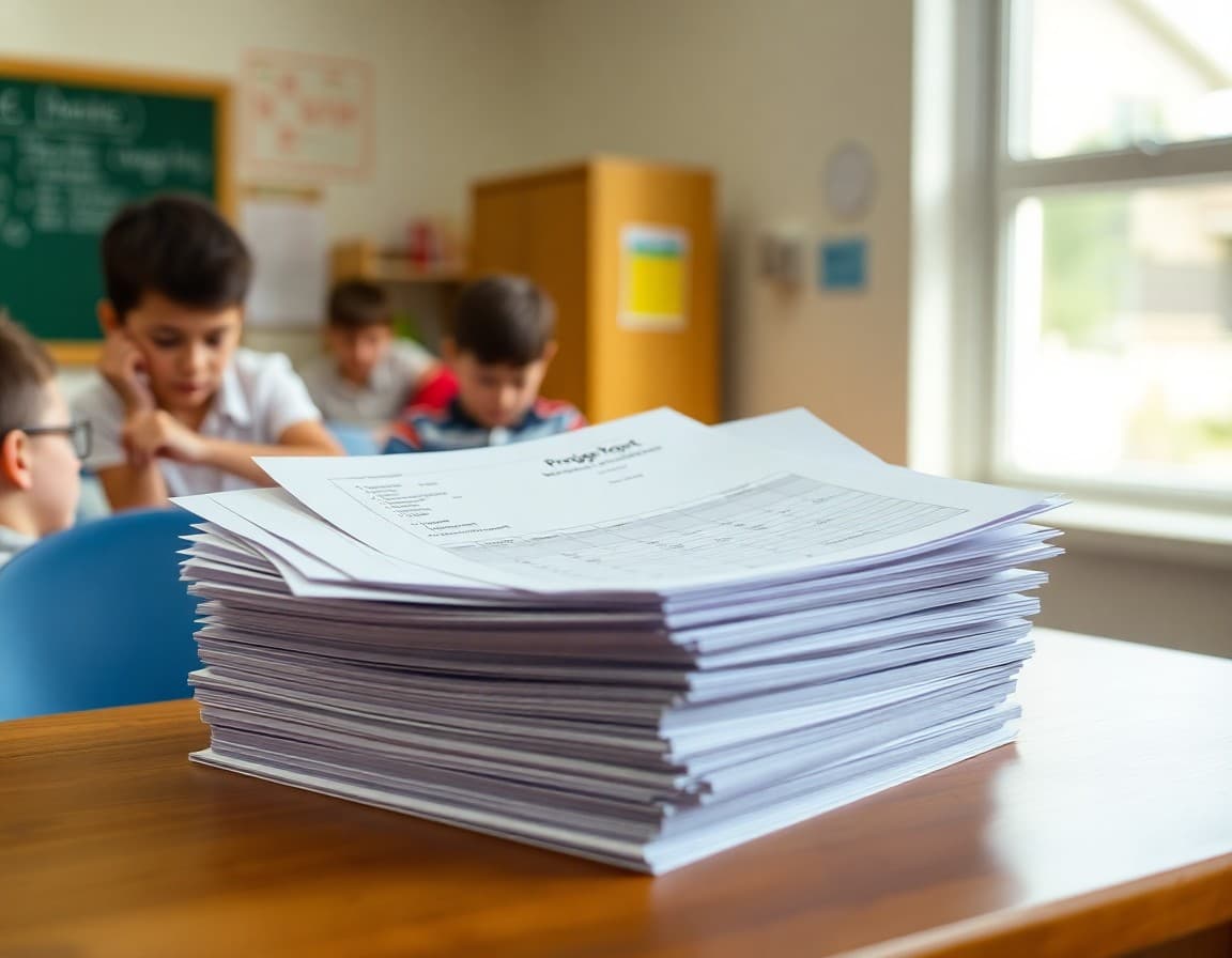 Progress report forms stacked on a teacher desk before distribution