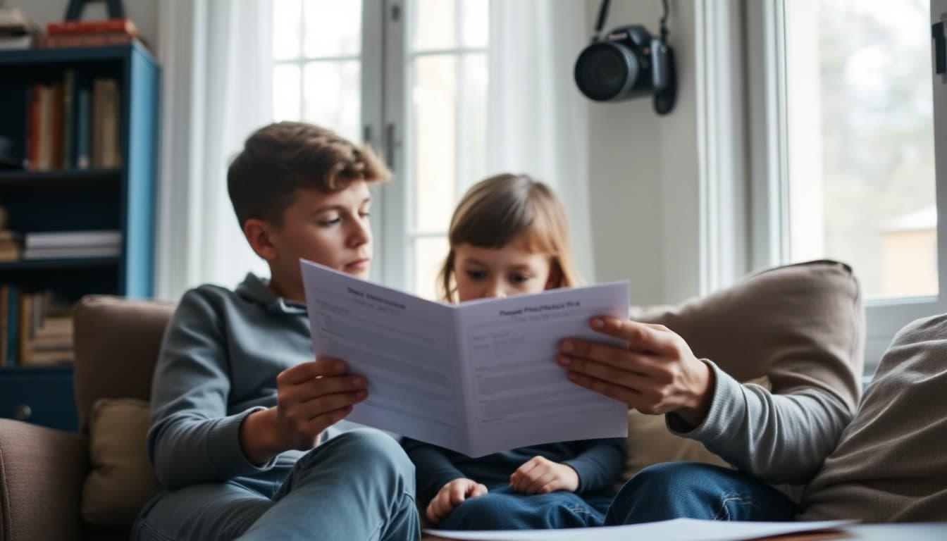 Parent reading a progress report at home with their child beside them