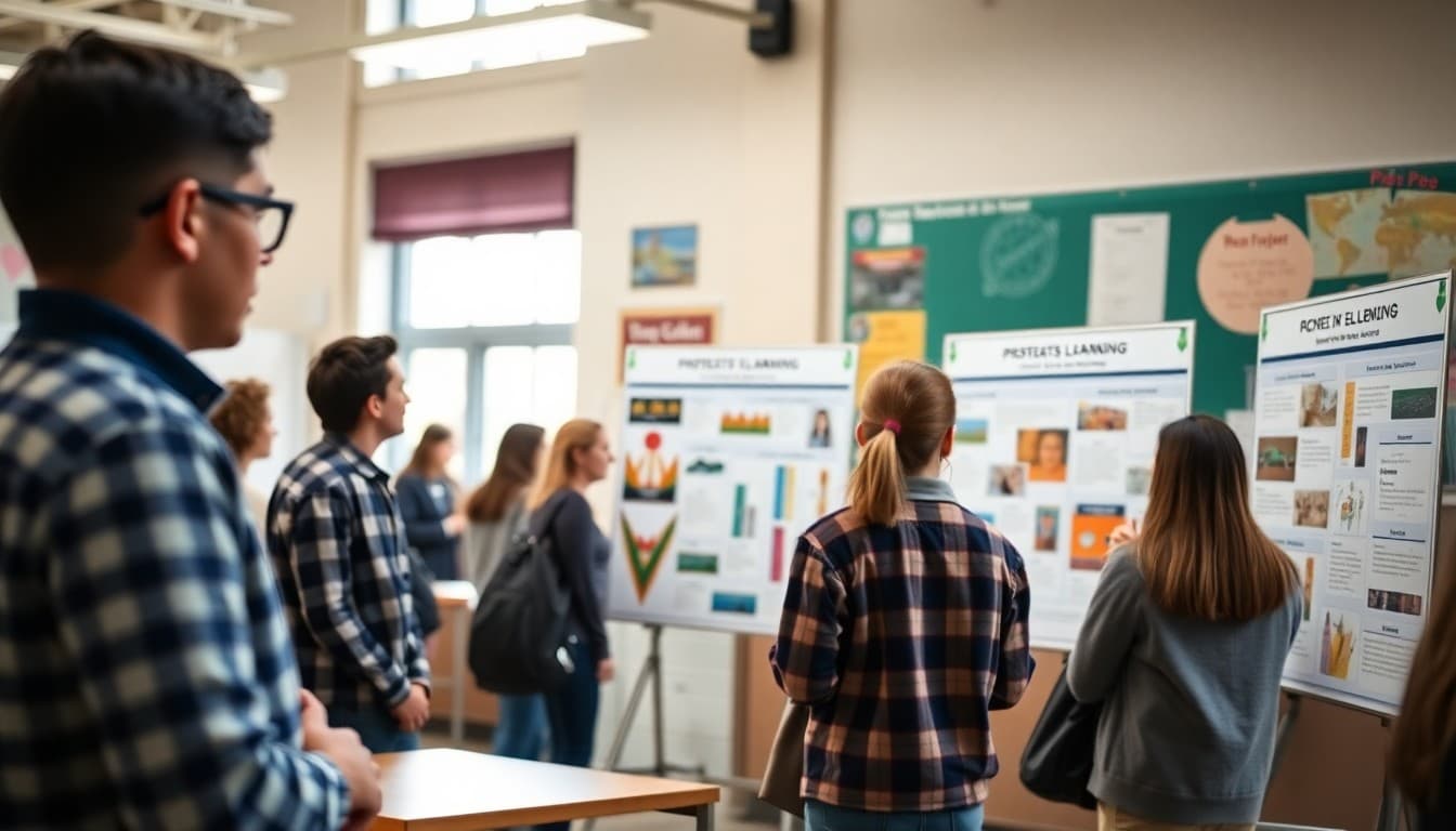 Students presenting their project-based learning work on poster boards to an audience