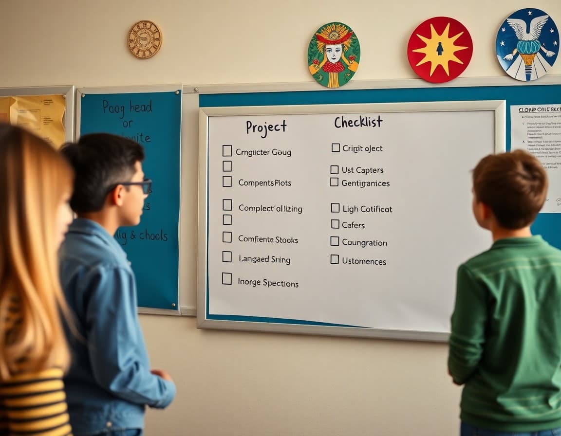 Project checklist on a bulletin board with completion boxes for each step