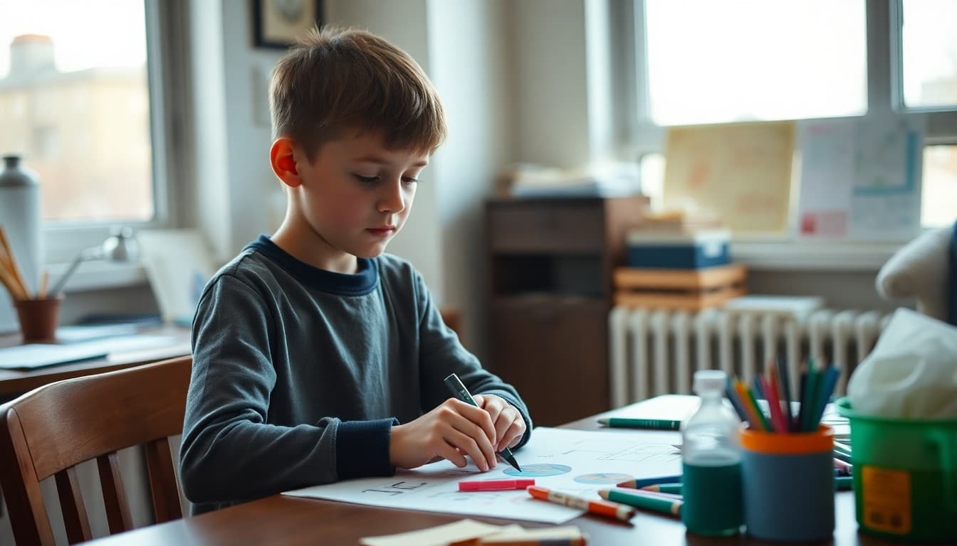 Student working on a poster project at home with craft supplies on the table