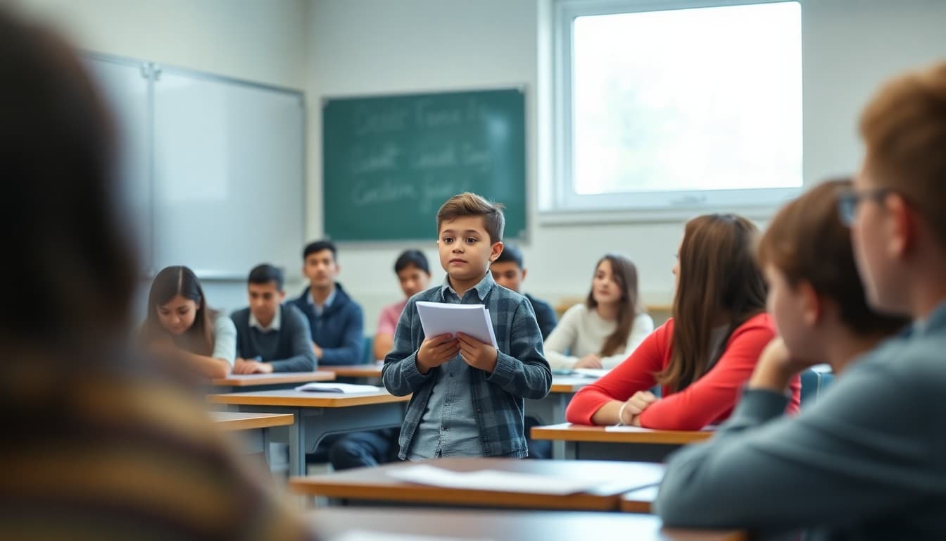 A student standing at the front of a classroom presenting to peers with confidence and notes in hand