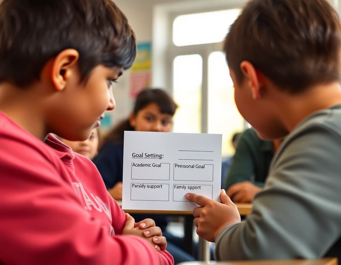 Student goal-setting worksheet with boxes for academic goal, personal goal, and family support