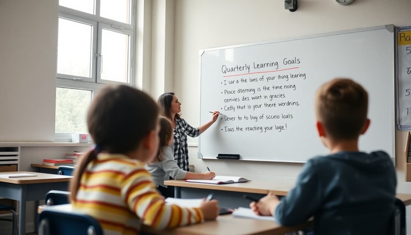 Teacher writing quarterly learning goals on a whiteboard while students follow along in their notebooks