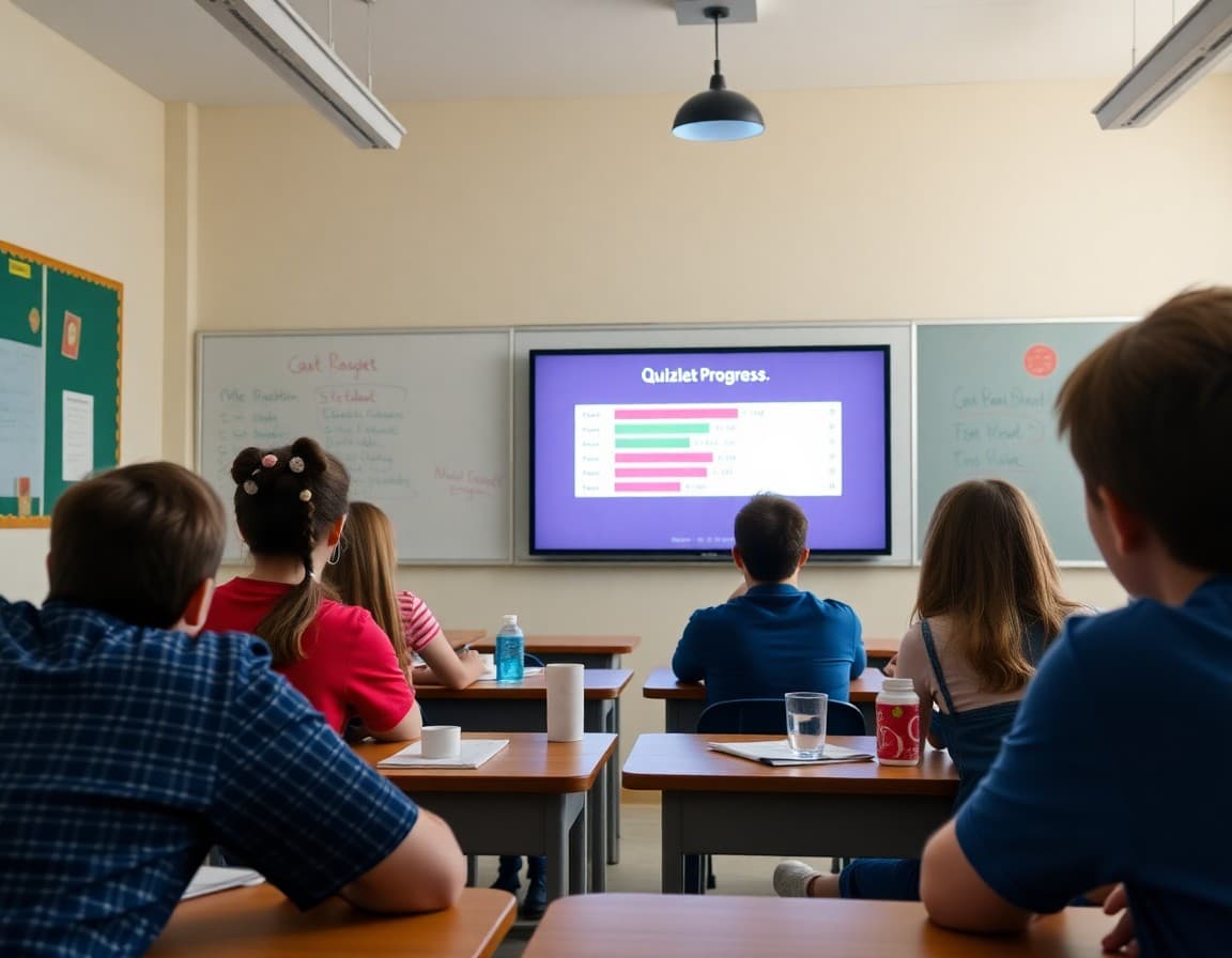 Quizlet Live progress screen projected in classroom showing team progress bars