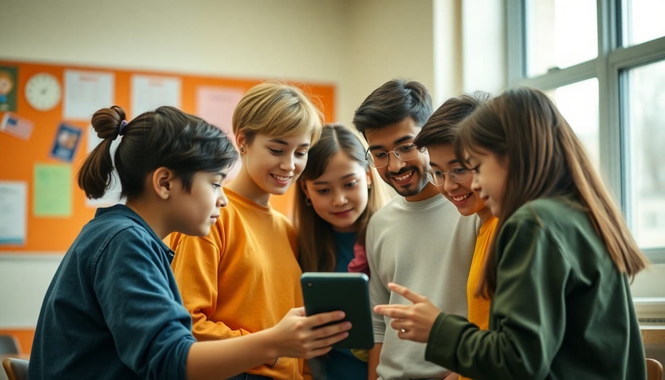 Students huddled around a device during Quizlet Live deciding which team member has the right answer