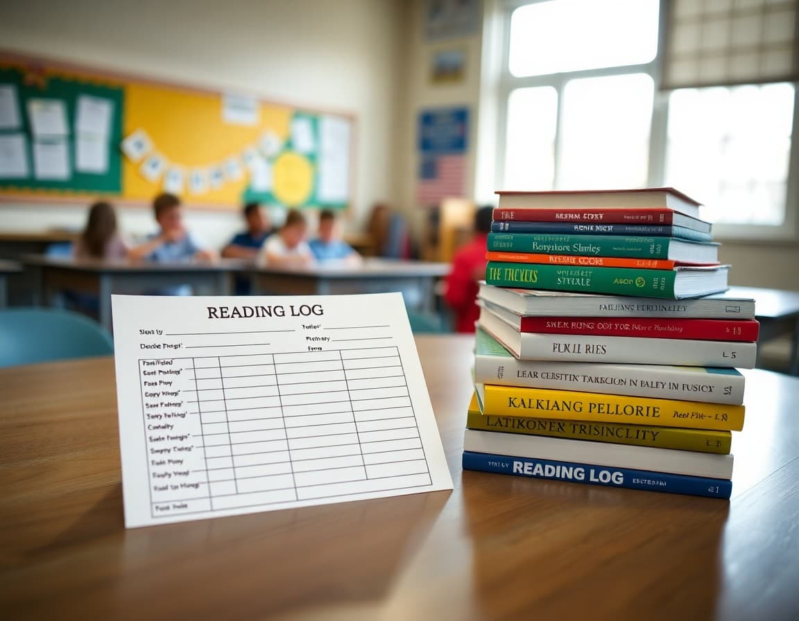 Reading log and pledge form next to a stack of books on a classroom table